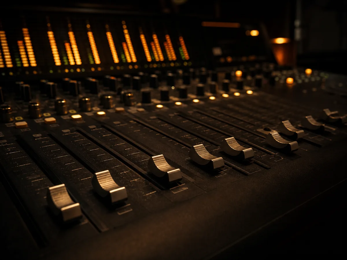 Mixing console faders in a dark studio