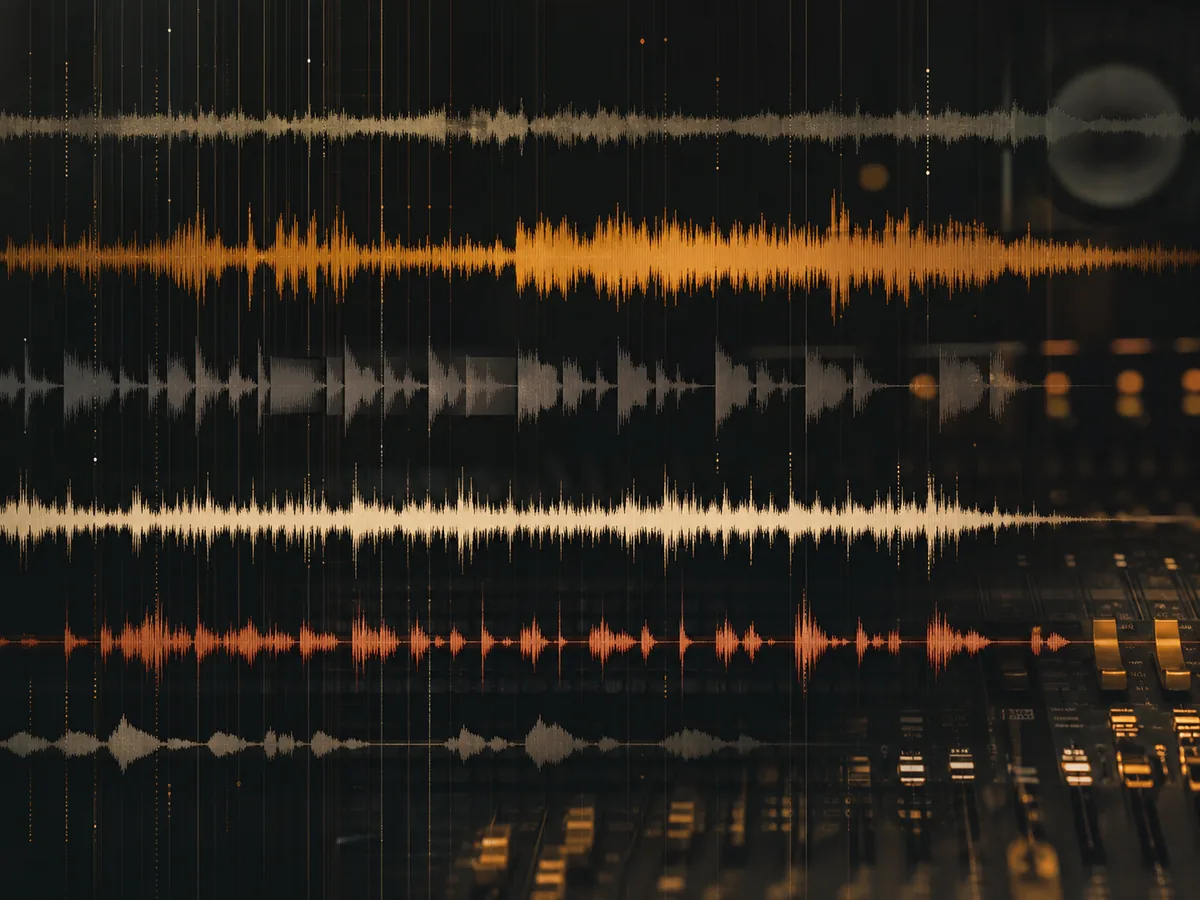 Layered audio stems over a dark studio background